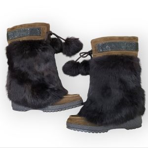 COACH Maryann Rabbit Fur Suede Boots Brown Beaded Trim Pom Pom Ties 8